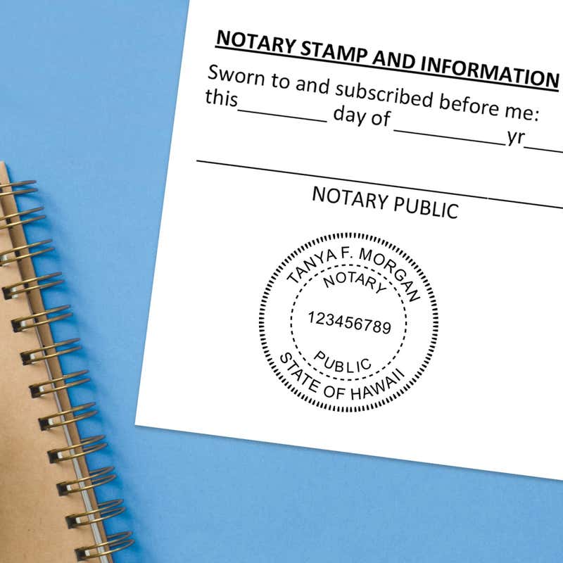 Hawaii Round Notary Public Stamp impression at the bottom of a document with a blue background