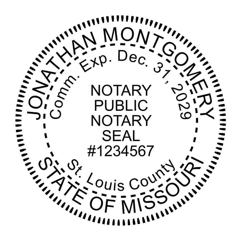 Missouri notary public seal with expiration date, name, and commission number.