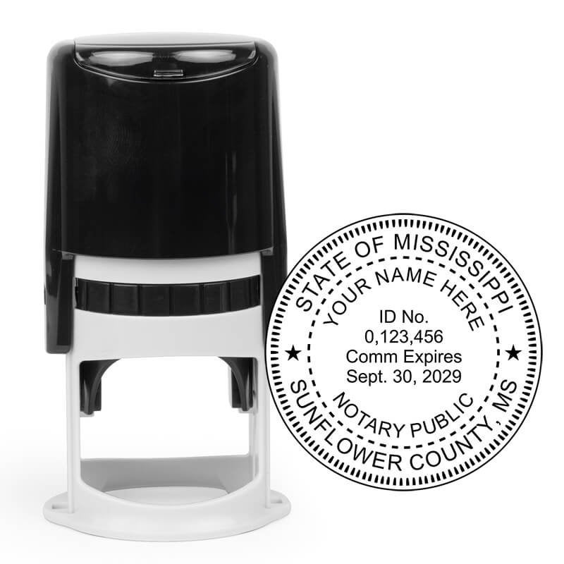 Self-inking Mississippi notary stamp with round seal and custom commission expiration details.