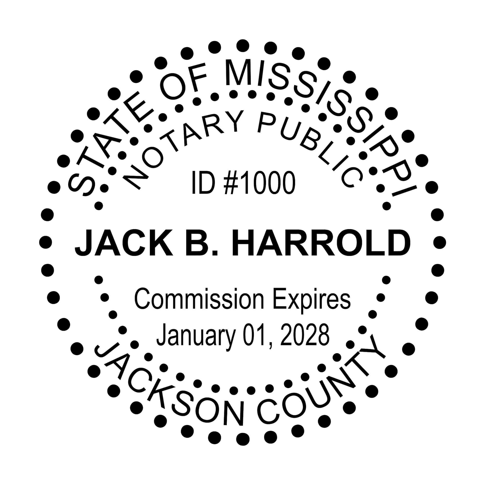 A close-up of the Mississippi Dots Round Notary Stamp