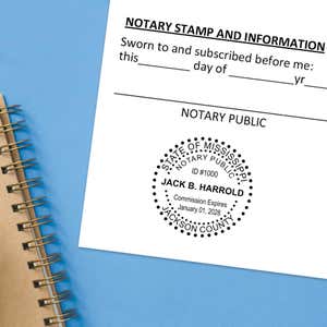 Mississippi Dots Round Notary Stamp impression at the bottom of a document with a blue background