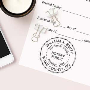 The North Carolina Notary With Expiration Date Round Stamp is available in multiple stamp types