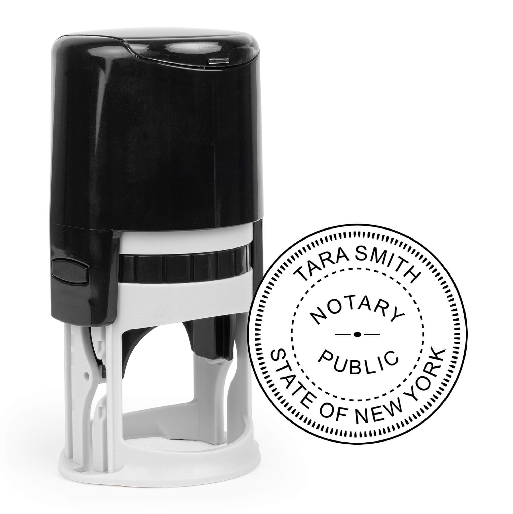 New York Round Notary Stamp impression and a self-inking stamp