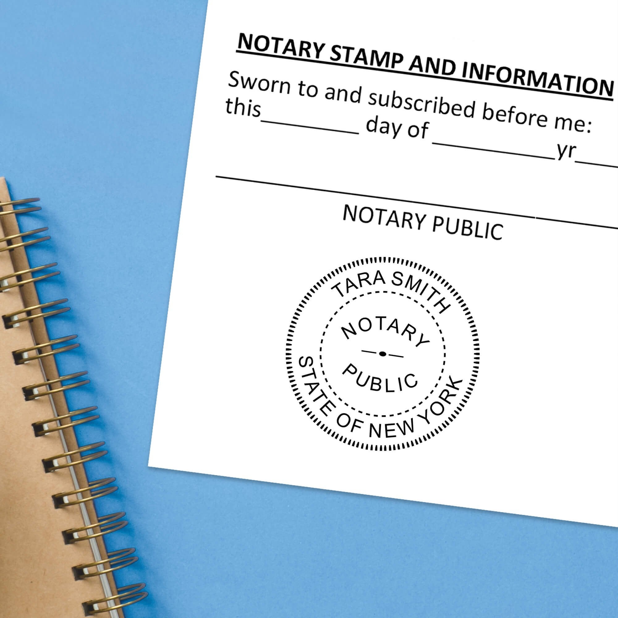 New York Round Notary Stamp impression at the bottom of a document with a blue background