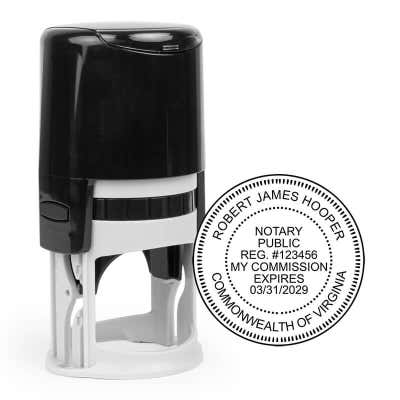 The Virginia Notary Round Stamp impression next to the self-inking stamp body