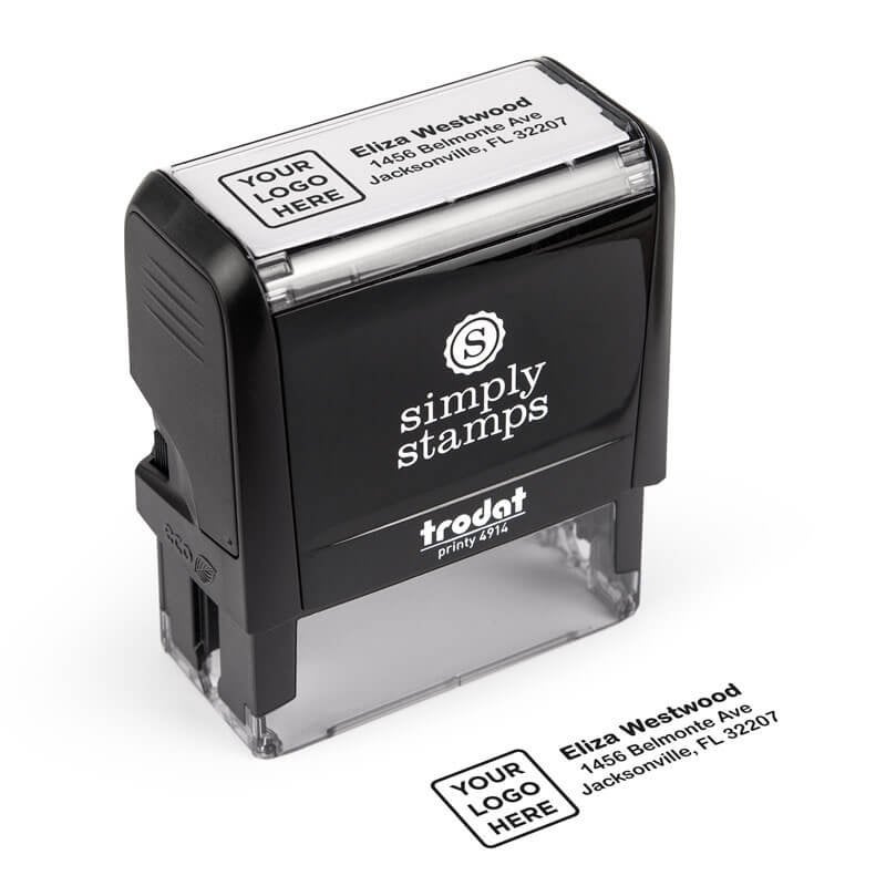 Trodat Printy 4914 custom stamp with preview imprint that includes a placeholder for a business logo and mailing address
