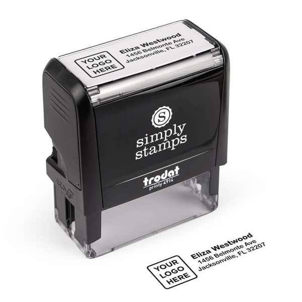 Trodat Printy 4914 custom stamp with preview imprint that includes a placeholder for a business logo and mailing address