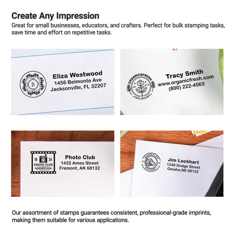 Grid of sample impressions from custom logo stamps, featuring designs for individuals, businesses, and clubs, highlighting the versatility of Simply Stamps products