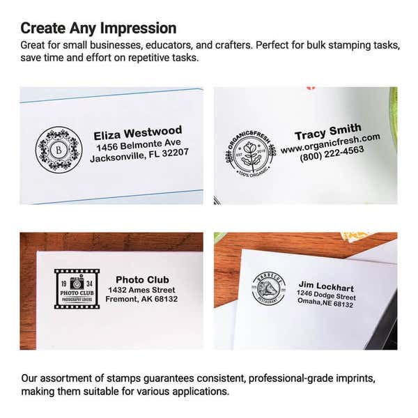 Grid of sample impressions from custom logo stamps, featuring designs for individuals, businesses, and clubs, highlighting the versatility of Simply Stamps products