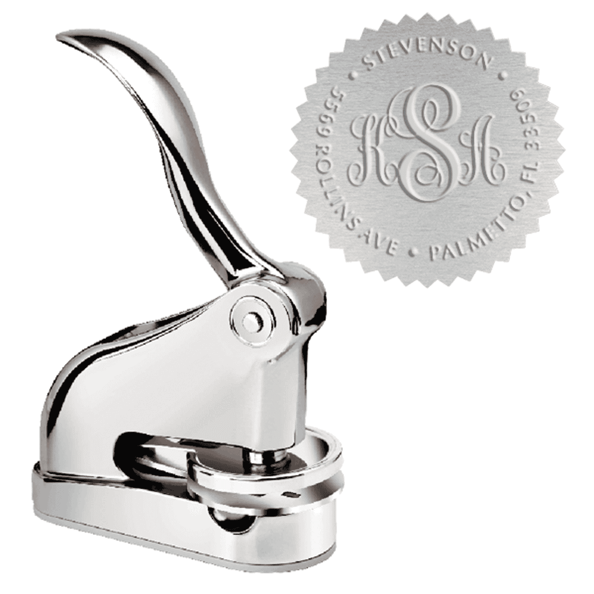 Fancy Monogram Address Luxury Embosser Seal in chrome silver