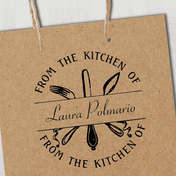 From the Kitchen Silverware Custom Stamp Imprint Example on Paper Tag