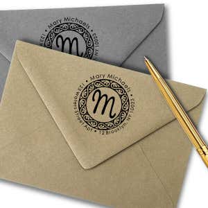 Pinafore Monogram Return Address Stamp Imprint Examples on Envelopes