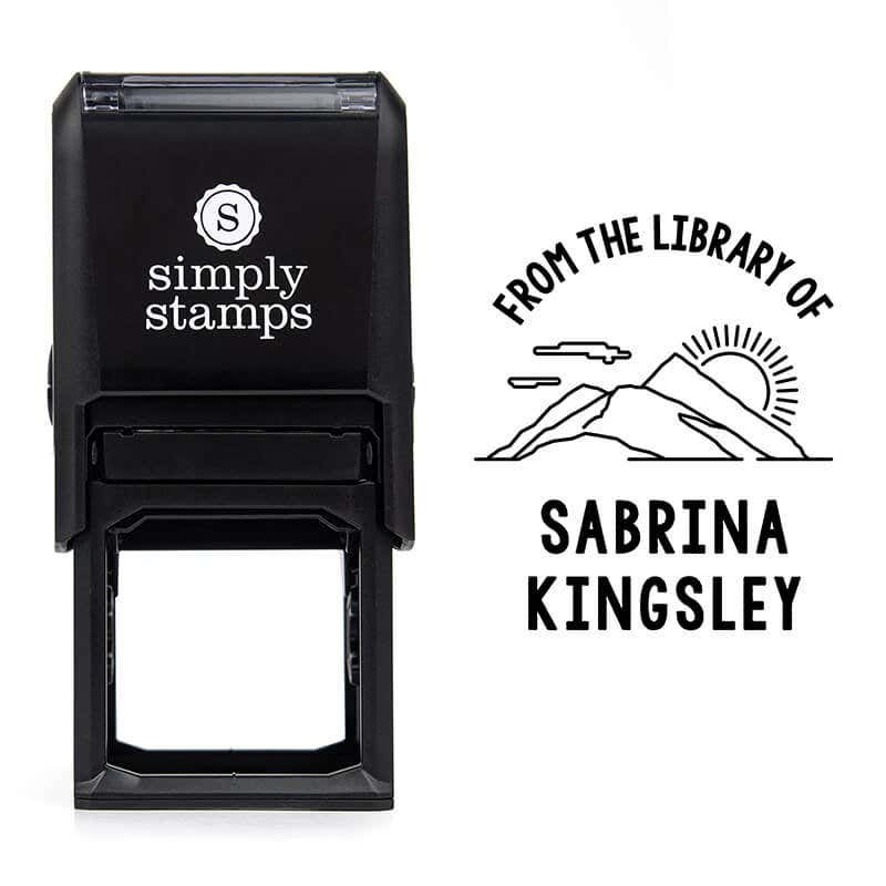 Front view of self-inking stamp body with library book stamp impression example