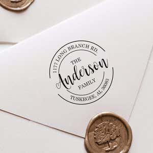 Impression of the Anderson Round Return Address Stamp on a white envelope