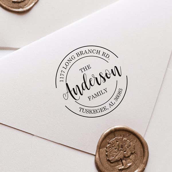 Impression of the Anderson Round Return Address Stamp on a white envelope
