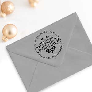 Season's Greetings Round Address Stamp Imprint Examples on Envelopes