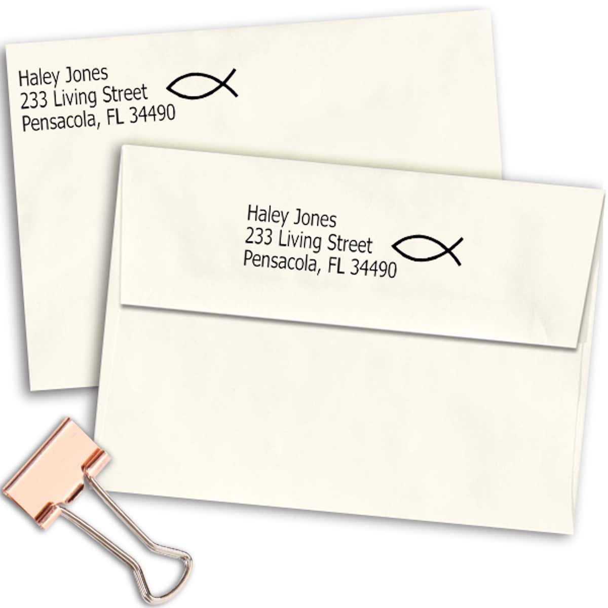 Jesus Fish Address Stamp Imprint Examples on Envelopes
