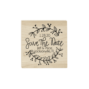 Round Garland Save the Date Stamp Design on Stamp Body