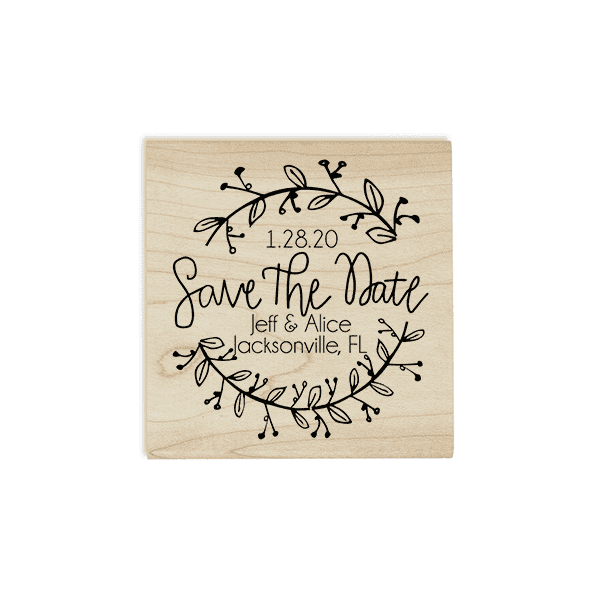 Round Garland Save the Date Stamp Design on Stamp Body