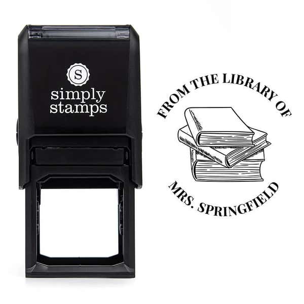 Front view of self-inking stamp body with library book stamp impression example