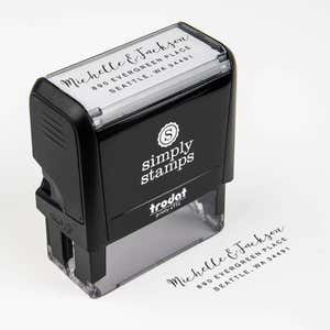 Fully Customizable Script Name Return Address Stamp impression next to self inking stamp body