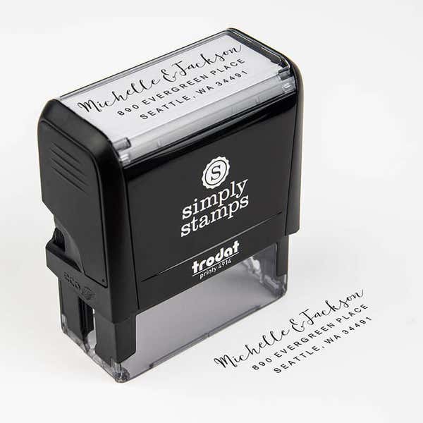 Fully Customizable Script Name Return Address Stamp impression next to self inking stamp body
