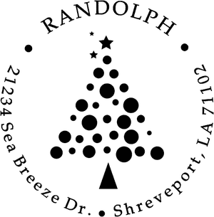 Holiday address stamp design featuring ‘Polka Dot Christmas Tree’ with personalized family name and address.