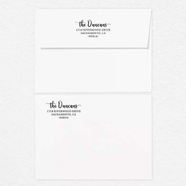 Examples of the Duncan Script Address Stamp impression on white envelopes