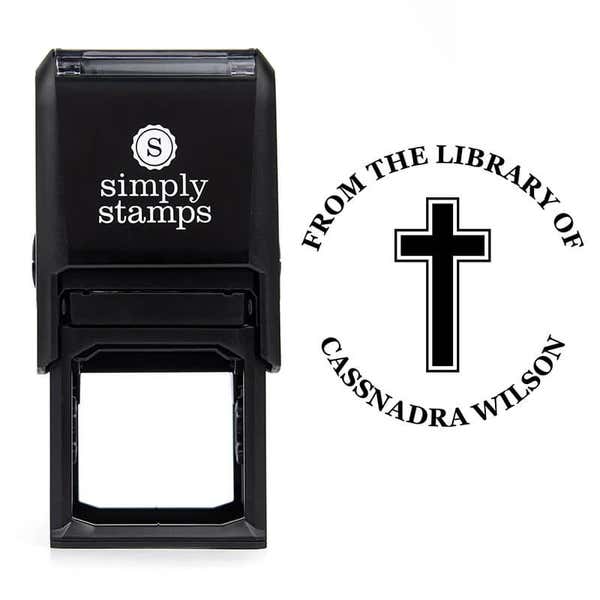 Front view of self-inking stamp body with library book stamp impression example