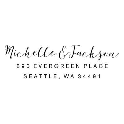 Fully Customizable Script Name Return Address Stamp design on white background