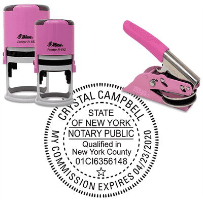 New York Notary Pink with County and Expiration - Round Design Seal - alternate view