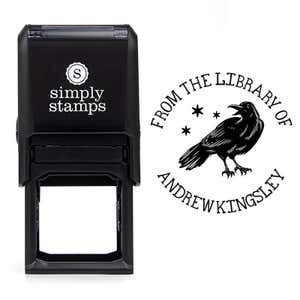 Front view of self-inking stamp body with library book stamp impression example