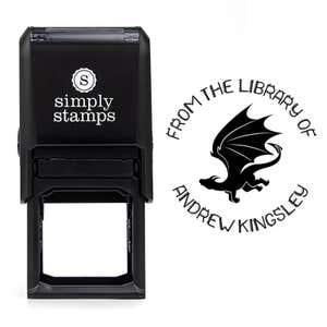 Front view of self-inking stamp body with library book stamp impression example