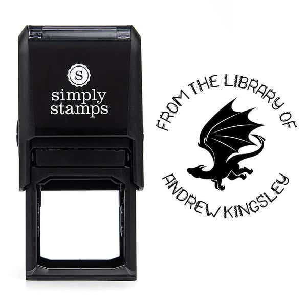 Front view of self-inking stamp body with library book stamp impression example