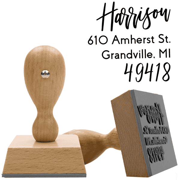Harrison Hand Lettered European Wood Handle Address Stamp Body and Design
