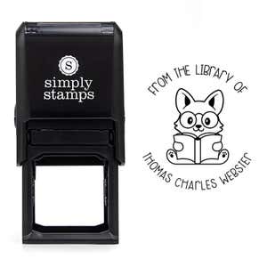 Front view of self-inking stamp body with library book stamp impression example