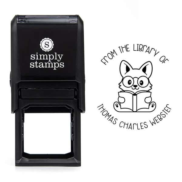Front view of self-inking stamp body with library book stamp impression example