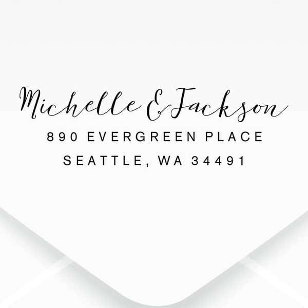 Fully Customizable Script Name Return Address Stamp design, close up on an envelope