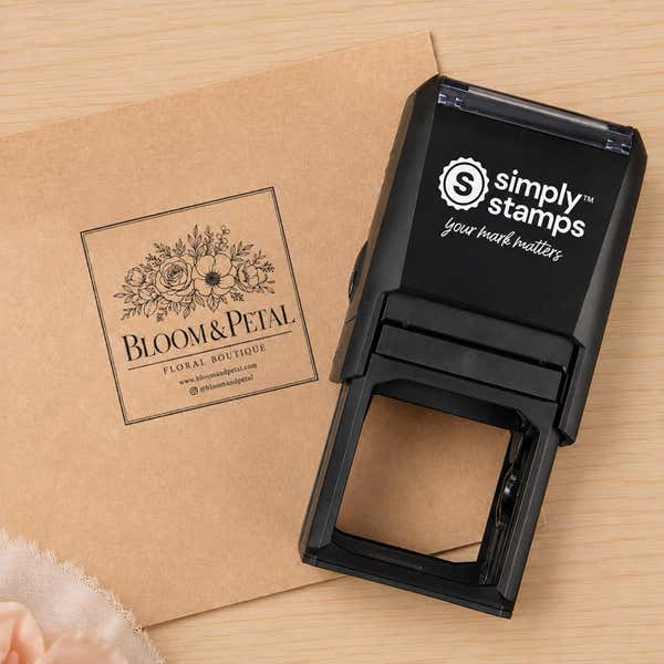 Medium Custom Logo Stamp, 1.6"x1.6" in use, with a stamped logo impression on packaging