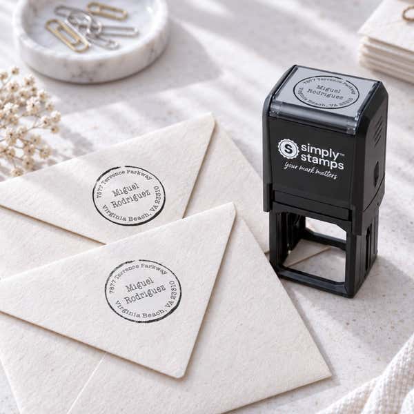 Lancaster Round Border Address Stamp Imprint Example on two envelopes