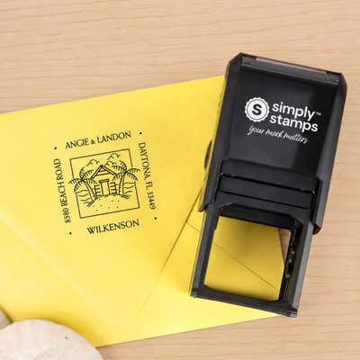 Four Way Square Logo Address Stamp - Customizable - Self-Inking, Pre-Inked, Wood Handle (1.5" or 2") - alternate view