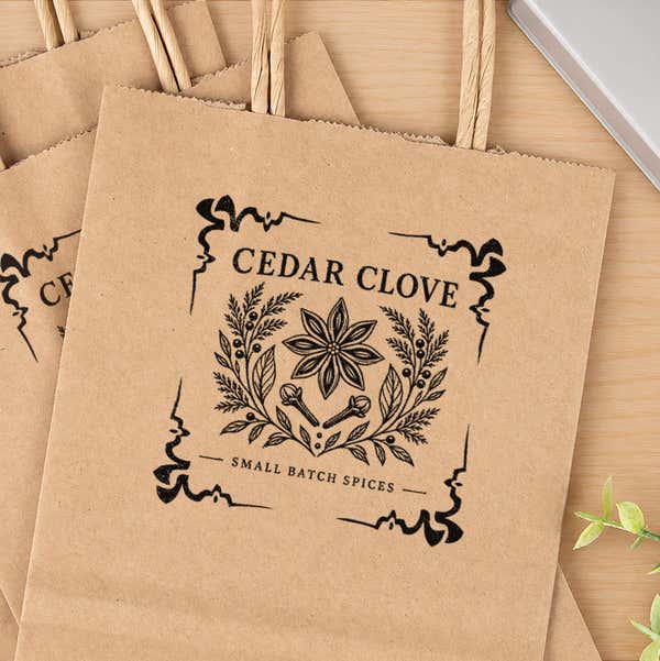 4 Corner Border Pre-Inked XL Logo Stamp in use, with a stamped logo impression on packaging