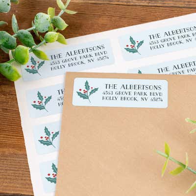 Light Blue Holly Leaf Design Christmas Custom Address Labels [Sheet of 30 Labels] - alternate view