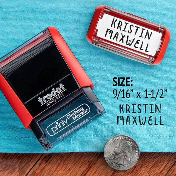 Example showing the size of the Curly 2 Line Clothing Stamp using the 4911 Trodat Printy Stamp Body