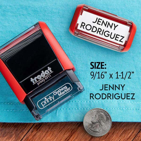 Example showing the size of the Modern 2 Line Clothing Stamp using the 4911 Trodat Printy Stamp Body