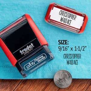 Example showing the size of the Rustic 2 Line Clothing Stamp using the 4911 Trodat Printy Stamp Body