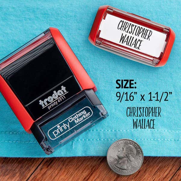 Example showing the size of the Rustic 2 Line Clothing Stamp using the 4911 Trodat Printy Stamp Body
