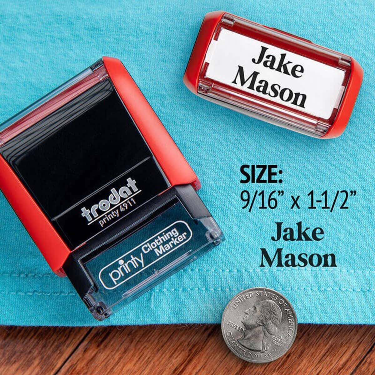 Example showing the size of the Serif 2 Line Clothing Stamp using the 4911 Trodat Printy Stamp Body