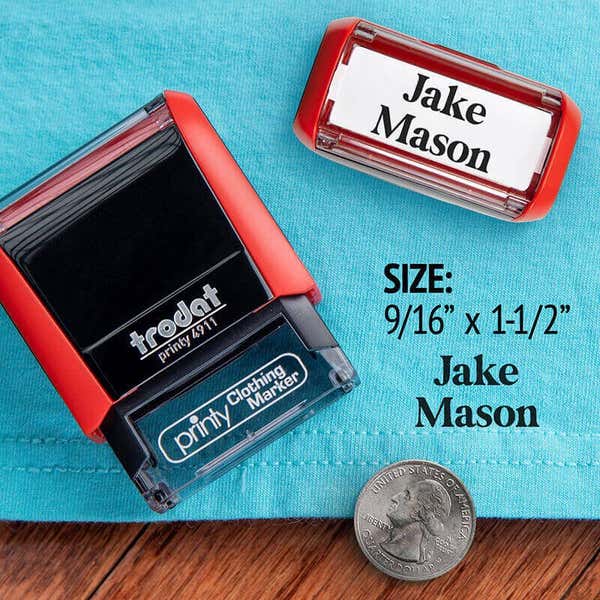 Example showing the size of the Serif 2 Line Clothing Stamp using the 4911 Trodat Printy Stamp Body