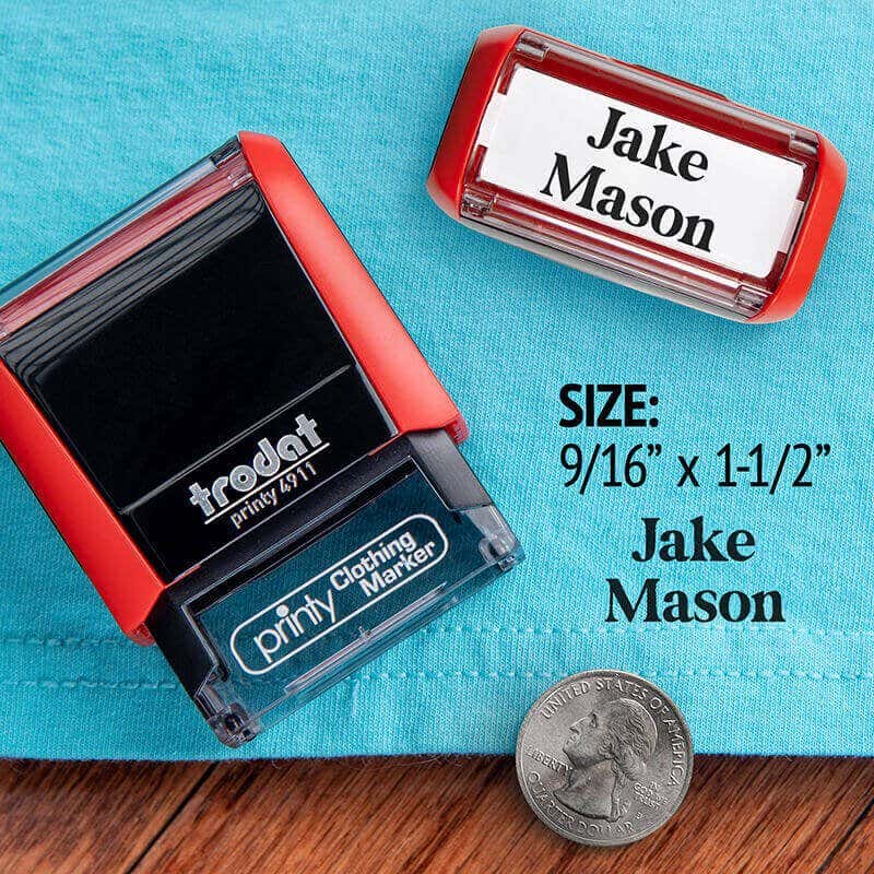 Example showing the size of the Serif 2 Line Clothing Stamp using the 4911 Trodat Printy Stamp Body